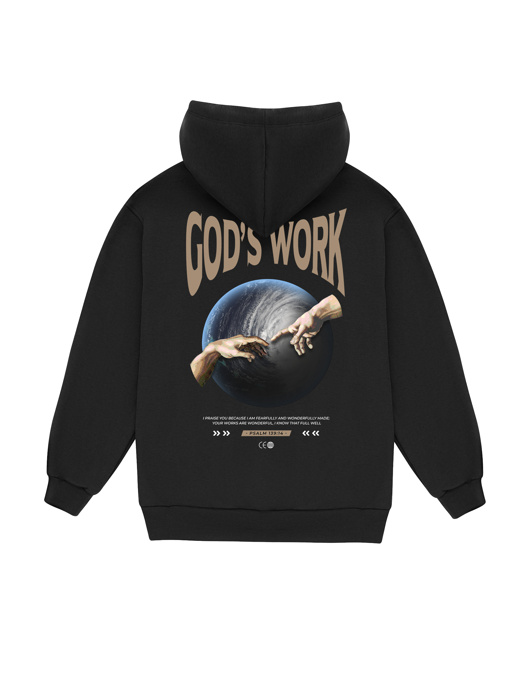 GOD'S WORK Psalm 139:14 Hoodie in black, back view