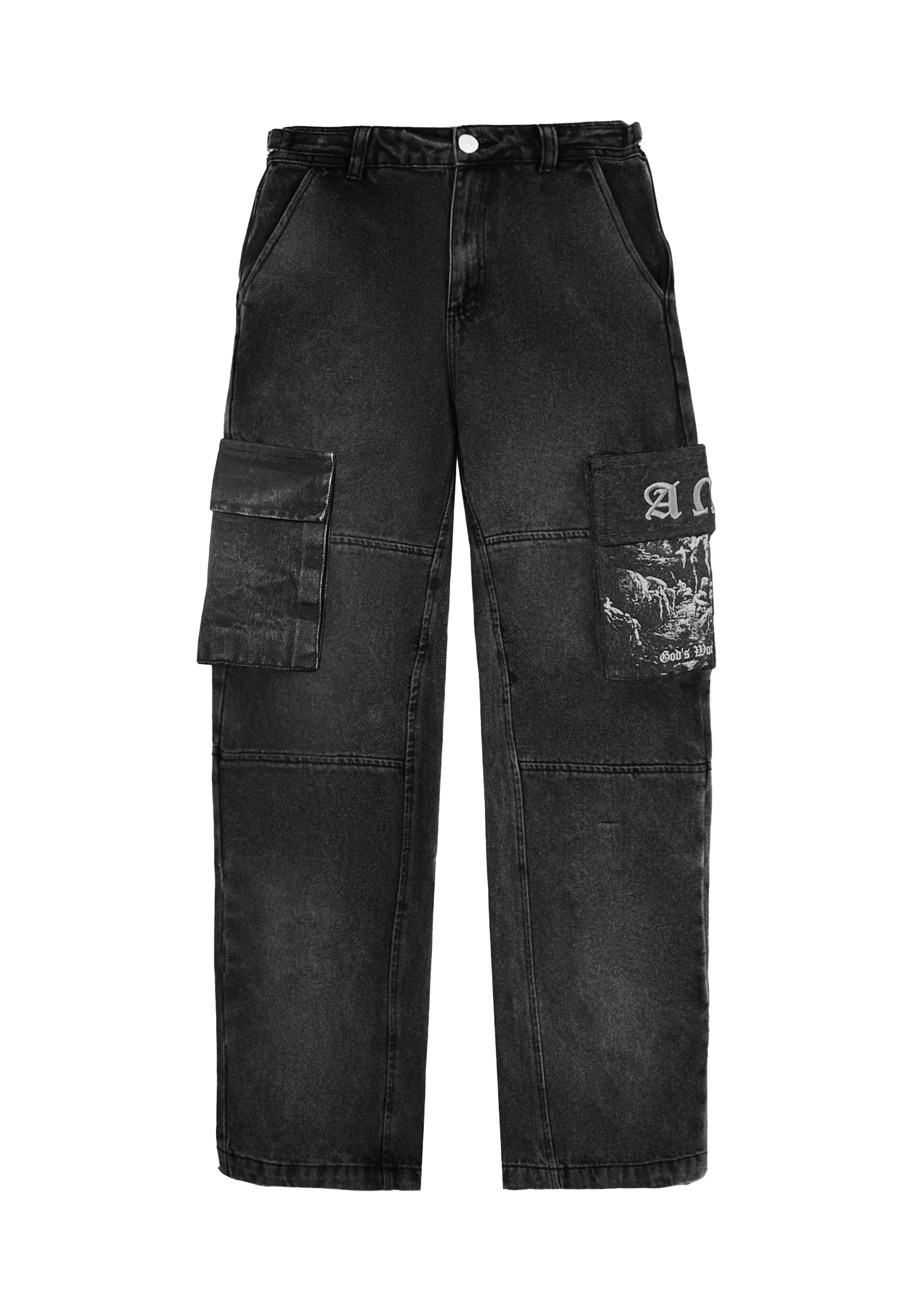 Alpha and Omega cargo pants, flat lay