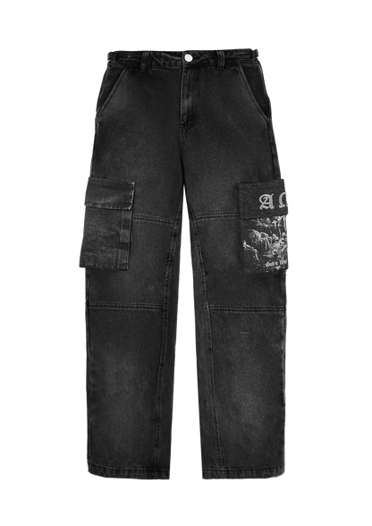 Alpha and Omega cargo pants, flat lay