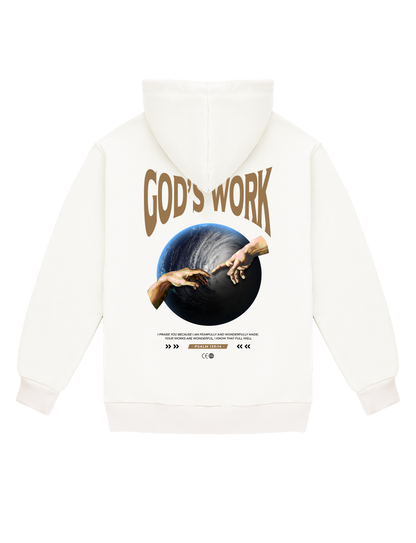 GOD'S WORK Psalm 139:14 Hoodie in cream, back view
