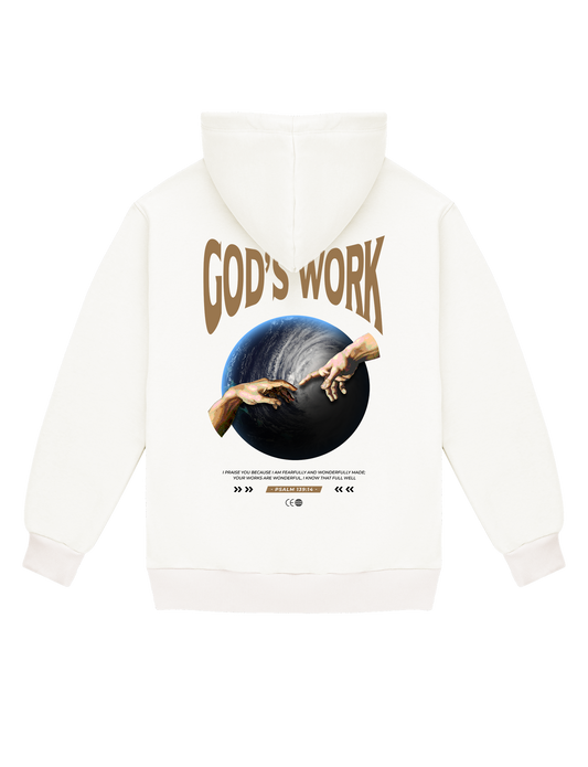 GOD'S WORK Psalm 139:14 Hoodie in cream, back view