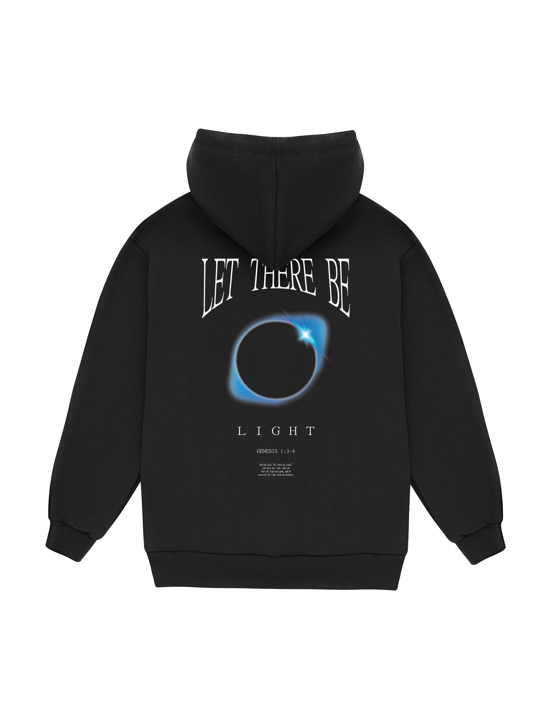 LET THERE BE LIGHT hoodie in black, back view