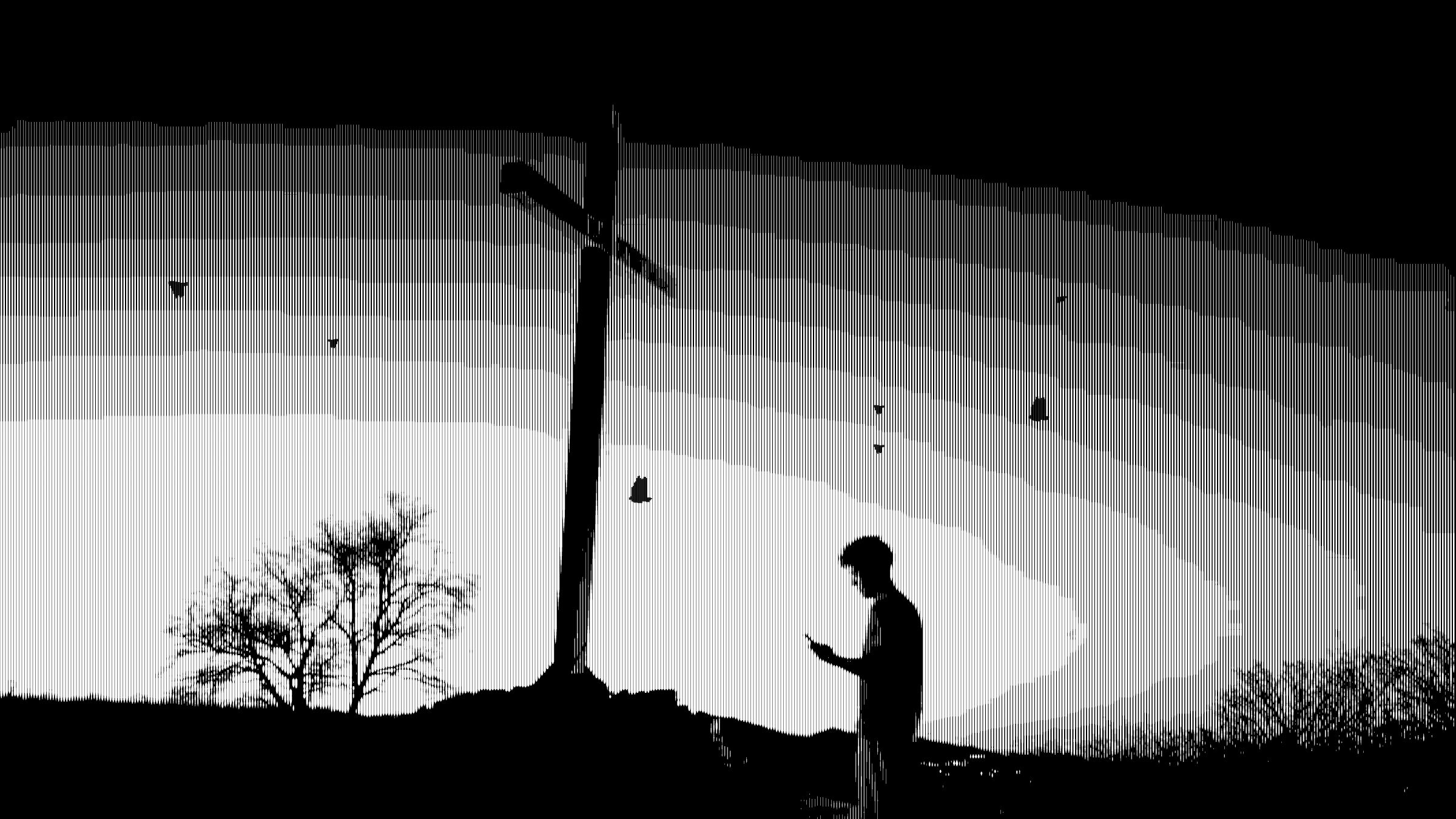 A man at a cross on a hill at dusk, drawn in line halftone